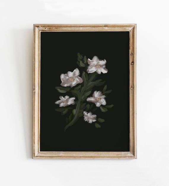 White Cosmos Flowers on Black Moody Botanical Floral Art Poster