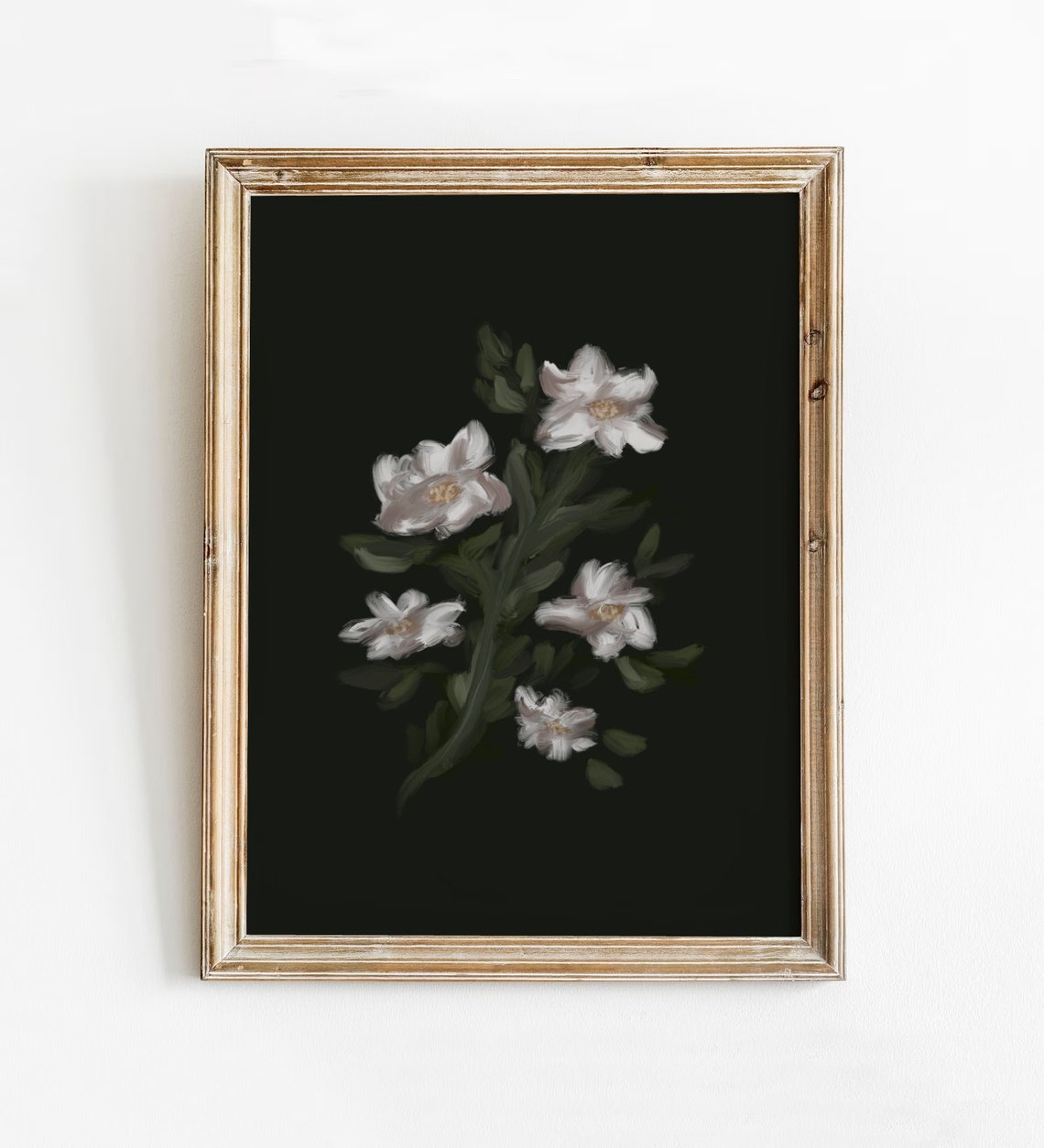White Cosmos Flowers on Black Moody Botanical Floral Art Poster