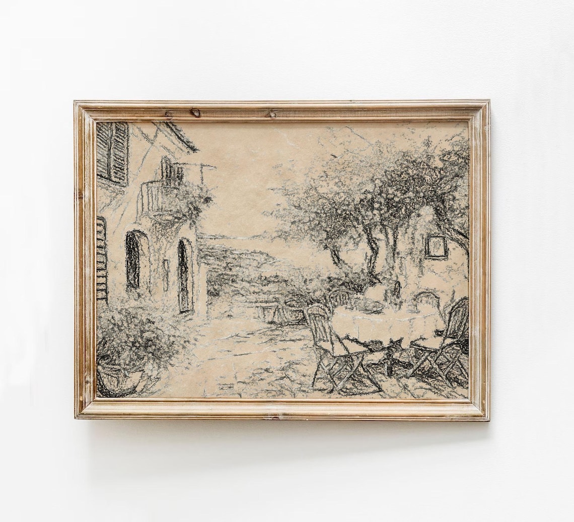 Vintage Greece Landscape Art Print, Neutral Sketch