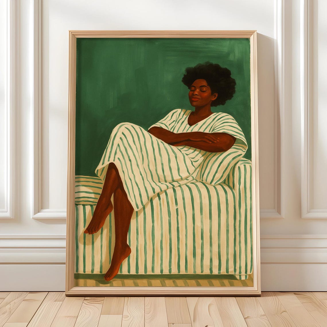 Relaxed Woman Striped Sofa Green Lounge Modern Painting Art Poster
