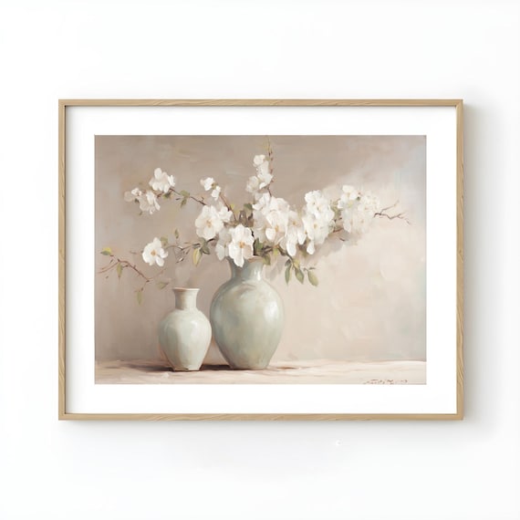Vintage Flower Painting Vase With Flowers White Floral Art Rustic Home Decor Botanical Wall Elegant