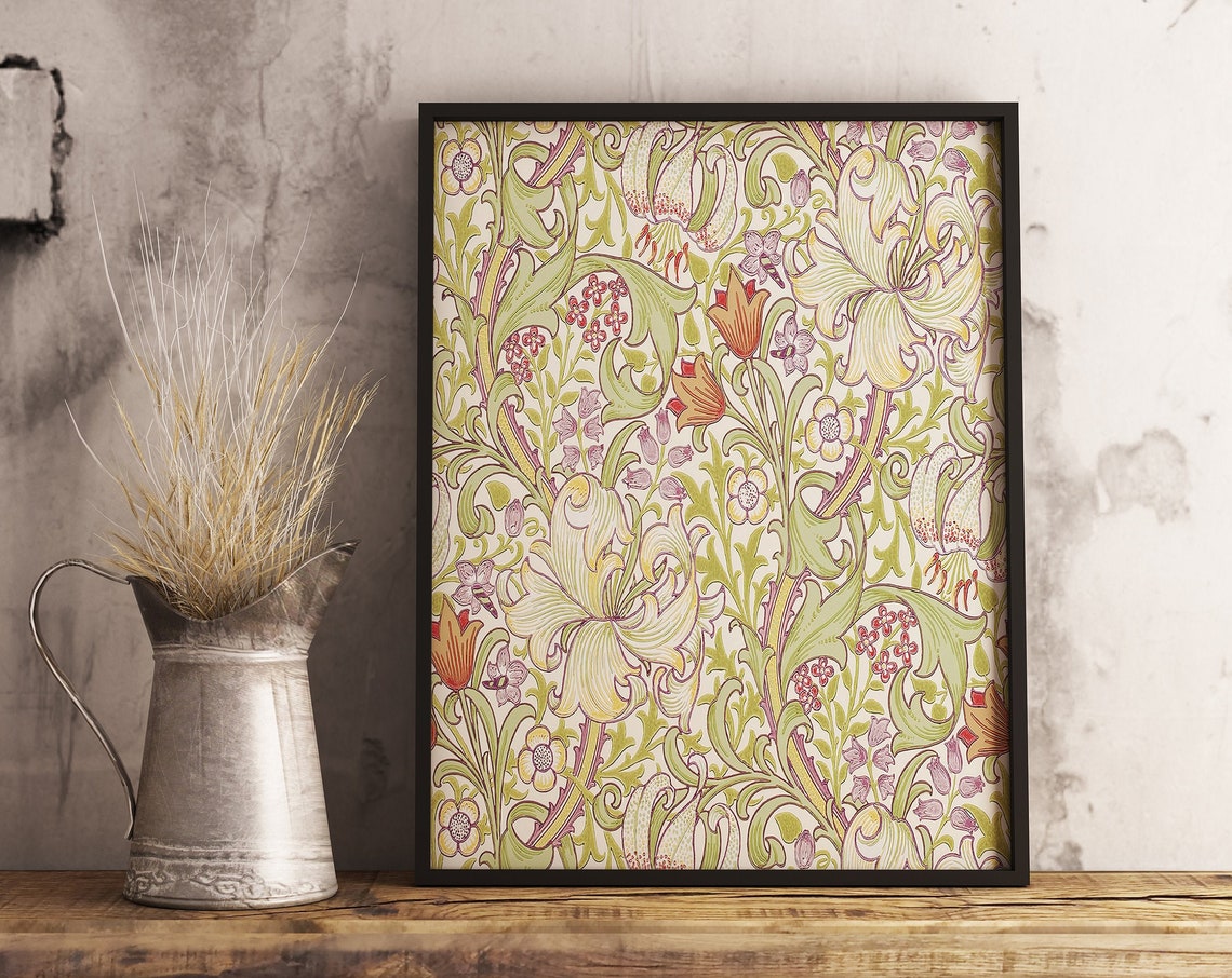 William Morris Style Floral Wallpaper Art Poster With Lily Design - Image 3