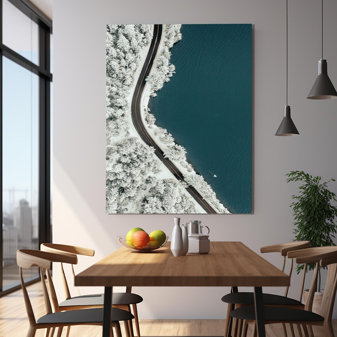 Aerial Winding Road Along Turquoise Lake Snow Pines Travel Poster - Image 2