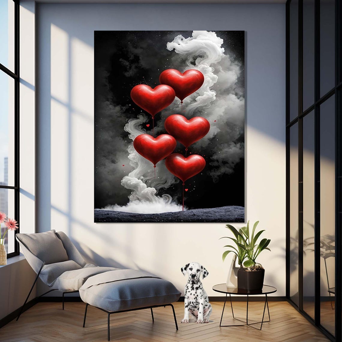 Red Heart Balloons Rising Smoke Romantic Valentine Art Poster - Image 2