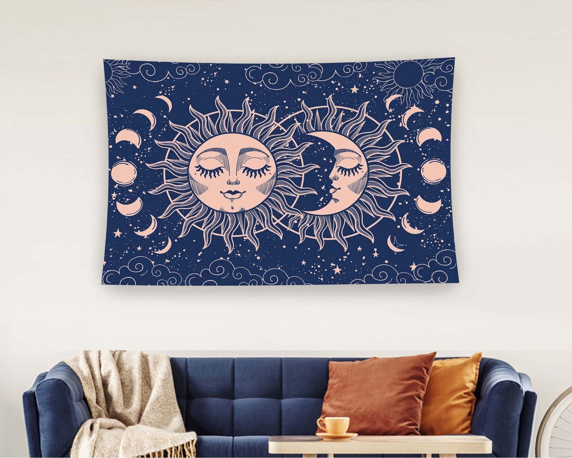 Navy Blue Sun Moon Celestial Faces Starry Night Boho Mystic Poster - Image 3