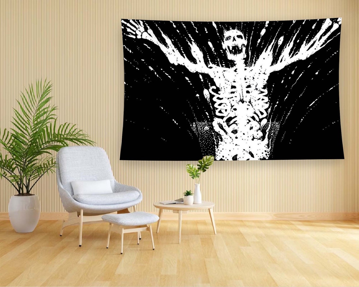 Black Horror Skeleton Burst Grunge White Ink Tapestry Wall Art - Image 2