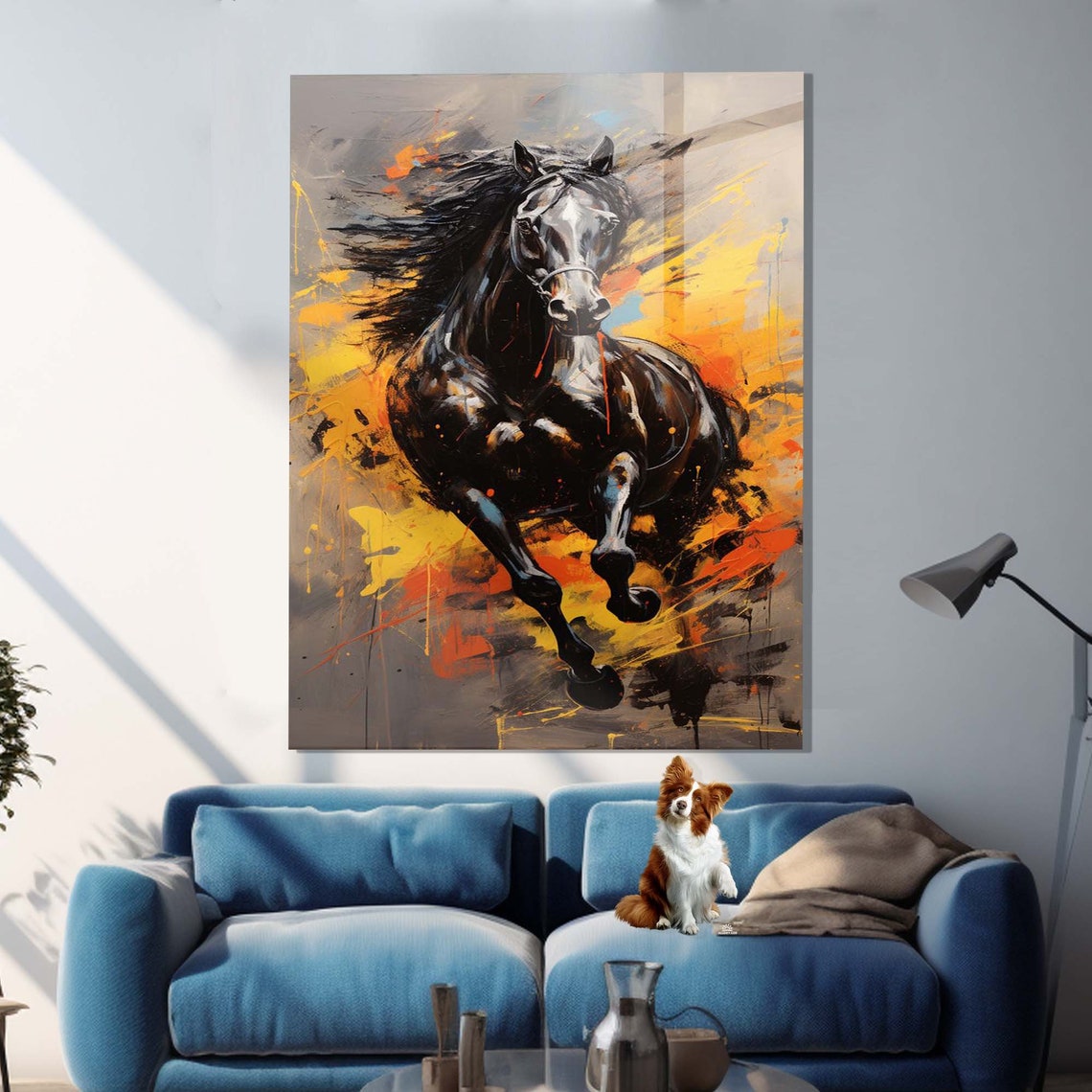 Black Horse Galloping Orange Paint Splash Dynamic Wall Poster - Image 3