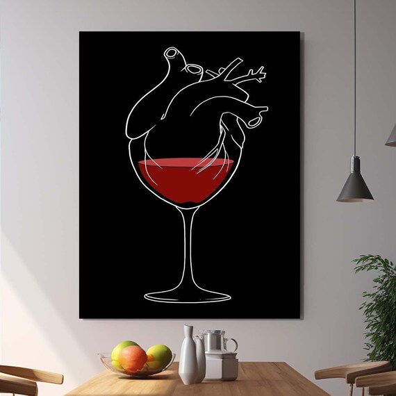 Wine Glass Heart Anatomy Minimalist Black Red Kitchen Wall Art