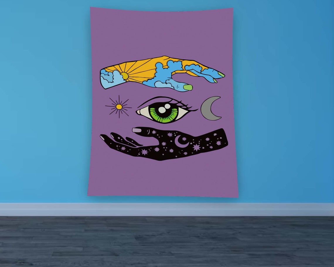Purple Celestial Hands Sun Moon Stars Mystical Eye Tapestry Wall Art - Image 2