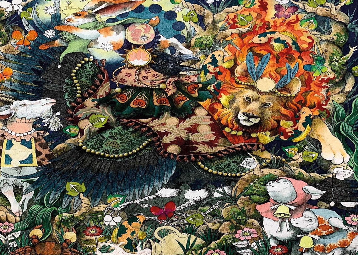 Whimsical Forest Lion Owl Creatures Surreal Fantasy Animal Art Poster - Image 2