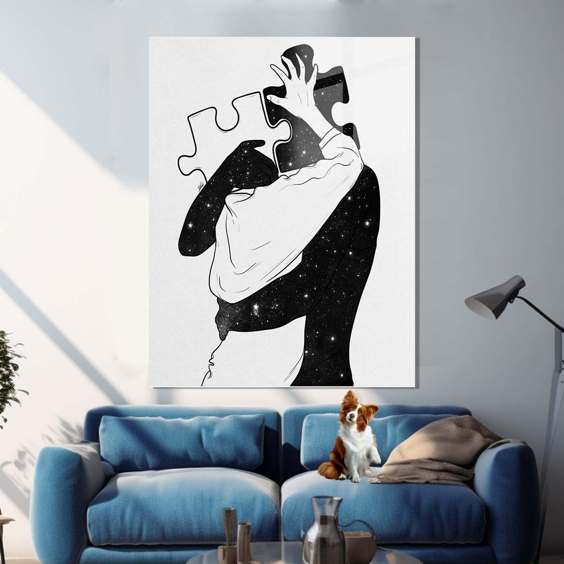 Black And White Puzzle Piece Couple Embrace Starry Night Wall Art - Image 2
