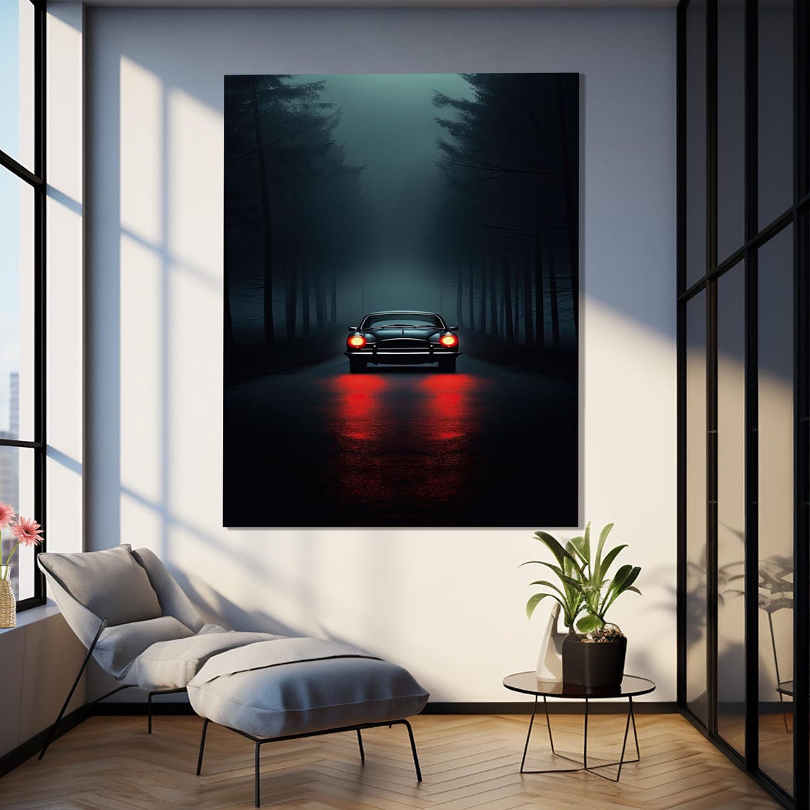 Classic Car Driving Into Foggy Night Red Tail Lights Road Poster - Image 3