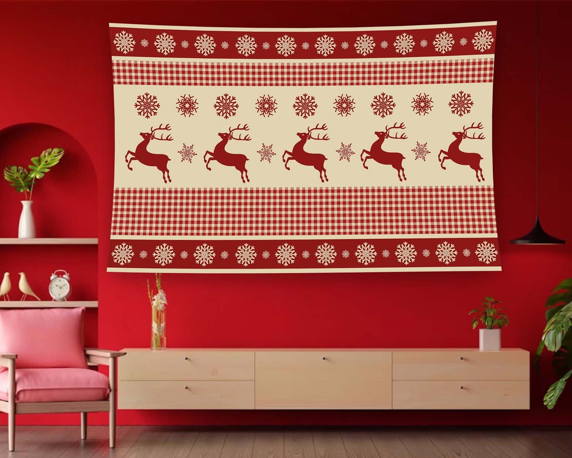 Red Christmas Reindeer Snowflake Plaid Holiday Tapestry Wall Art - Image 2