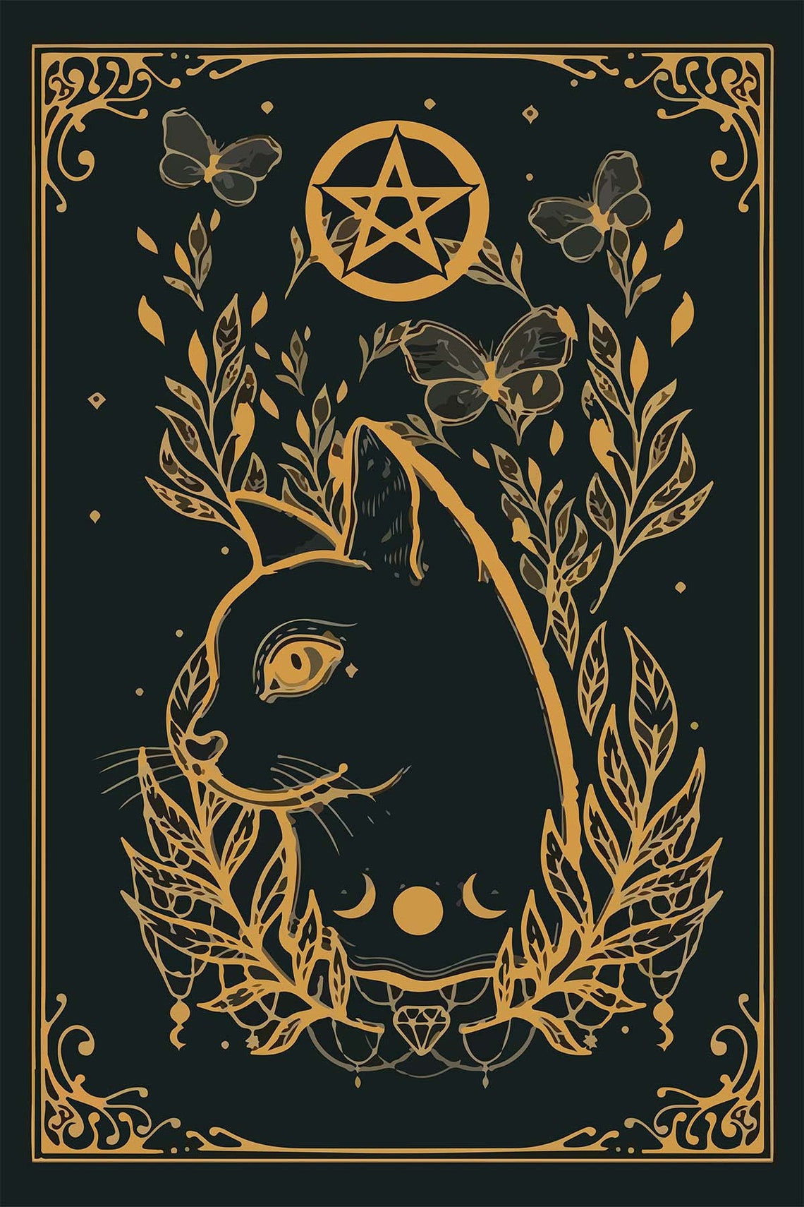 Gold Cat Pentagram Butterfly Moon Tarot Gothic Occult Wall Art Decor - Image 3