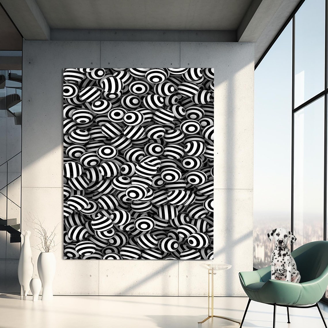 Black White Optical Illusion Striped Spheres 3D Abstract Wall Art - Image 3