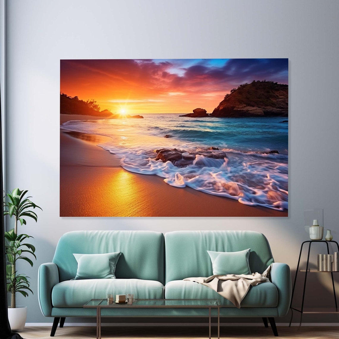 Tropical Beach Sunset Golden Ocean Waves Rocky Shore View Poster - Image 3