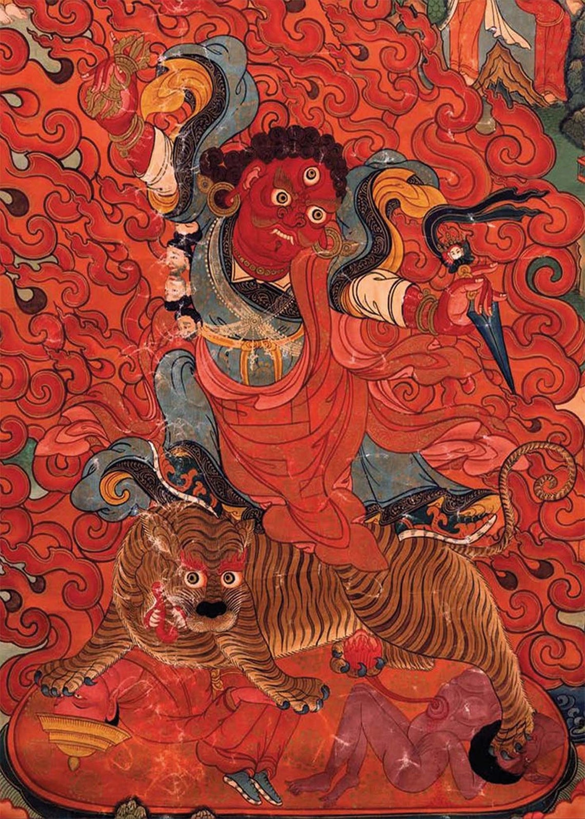 Red Tibetan Thangka Wrathful Deity Riding Tiger Tapestry Wall Art - Image 3
