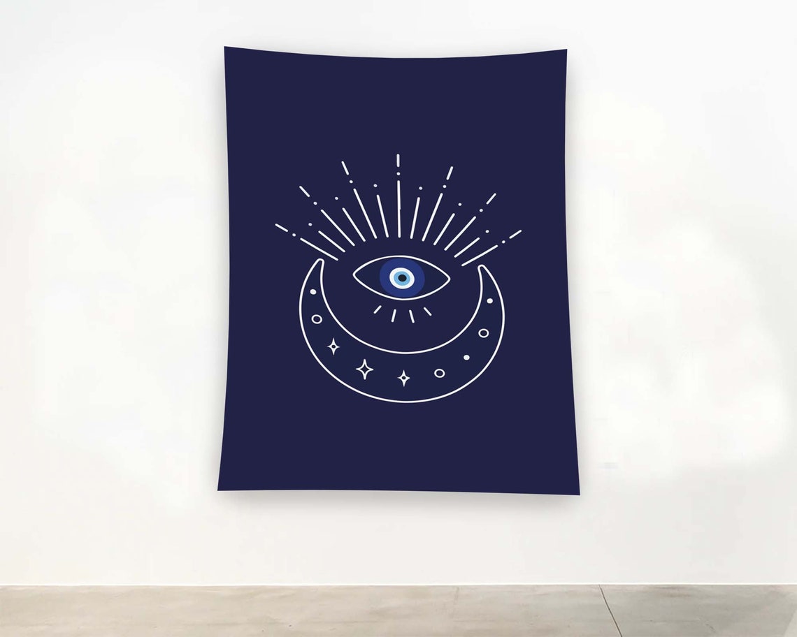 Navy Evil Eye Crescent Moon Stars White Line Art Tapestry Wall Art