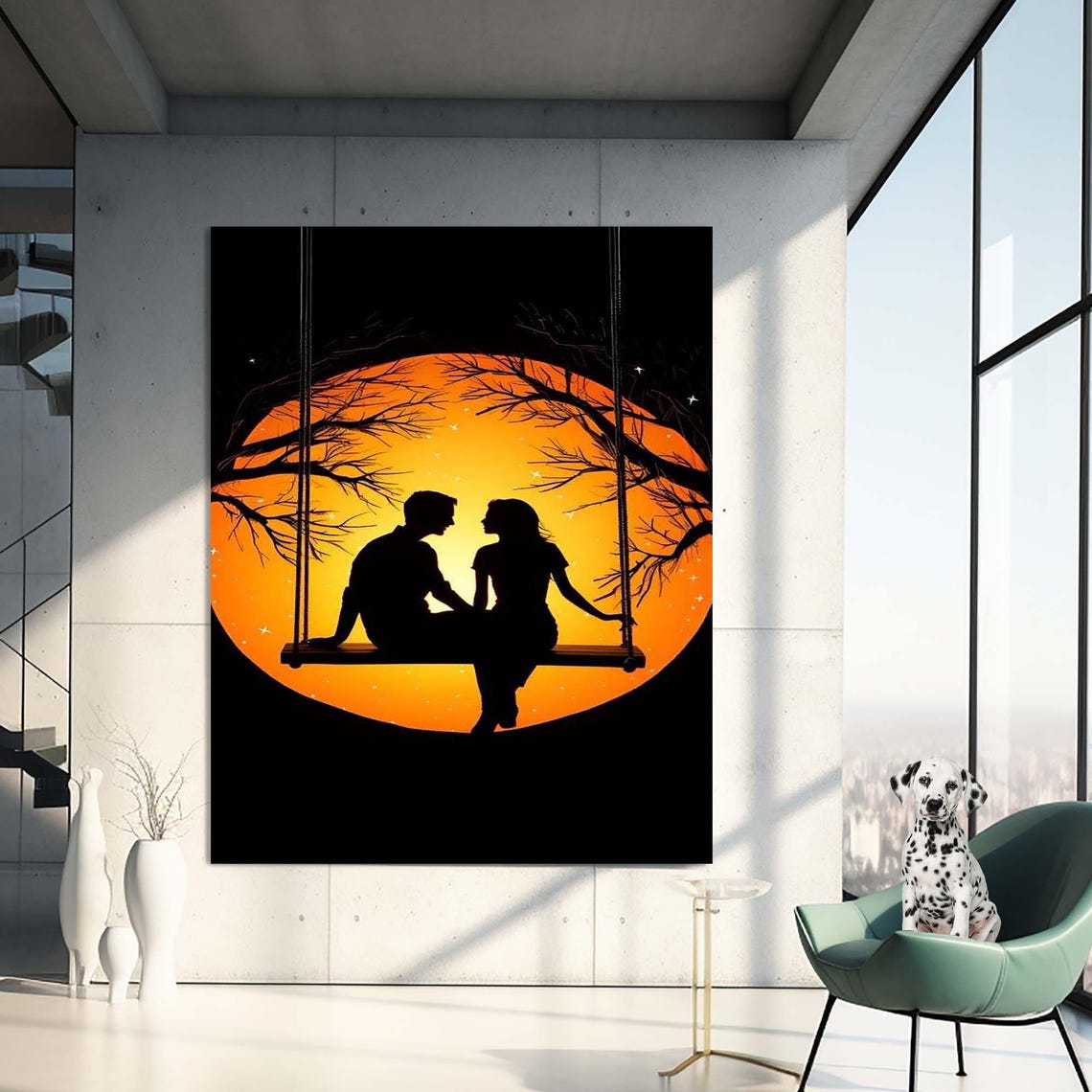 Romantic Couple Swing Silhouette Against Orange Full Moon Night Art - Image 3