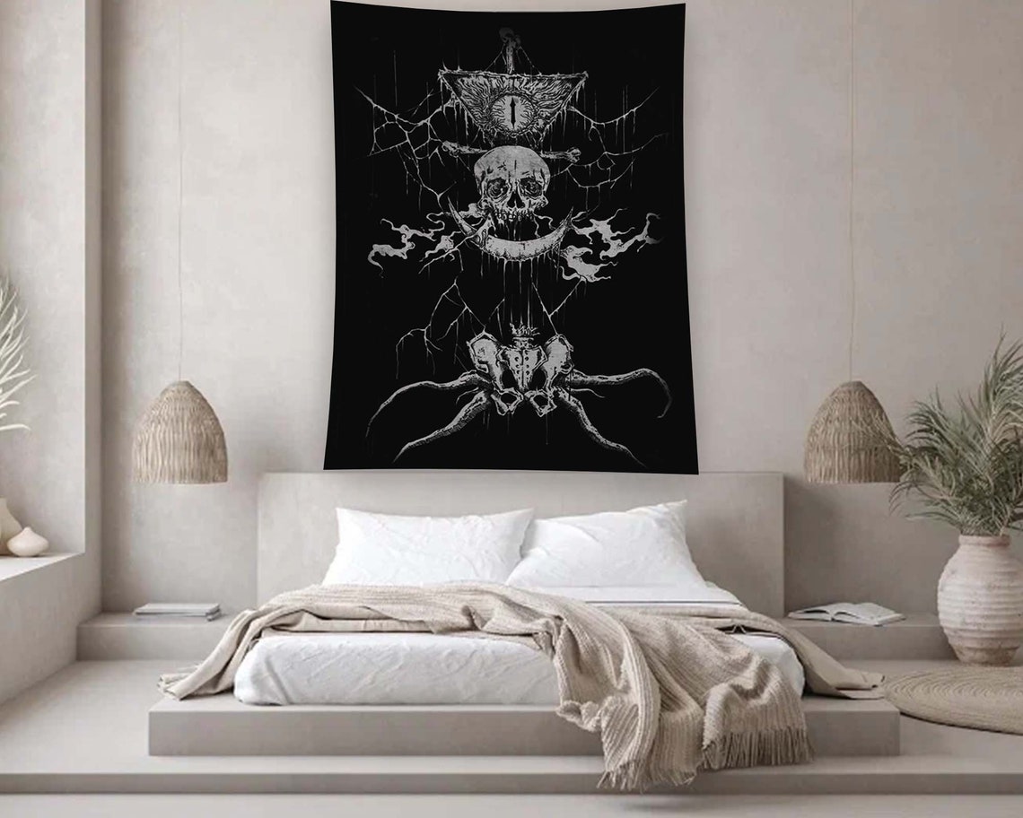 Black Occult Triangle Eye Skull Tentacles Dark Sigil Tapestry Wall Art - Image 2