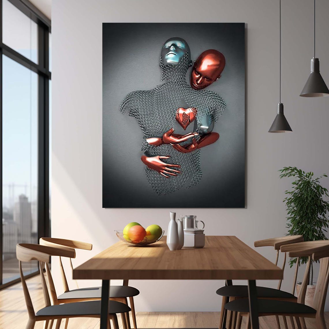 Metallic Lovers Embrace Heart Sculpture Romantic Modern Art Poster - Image 2