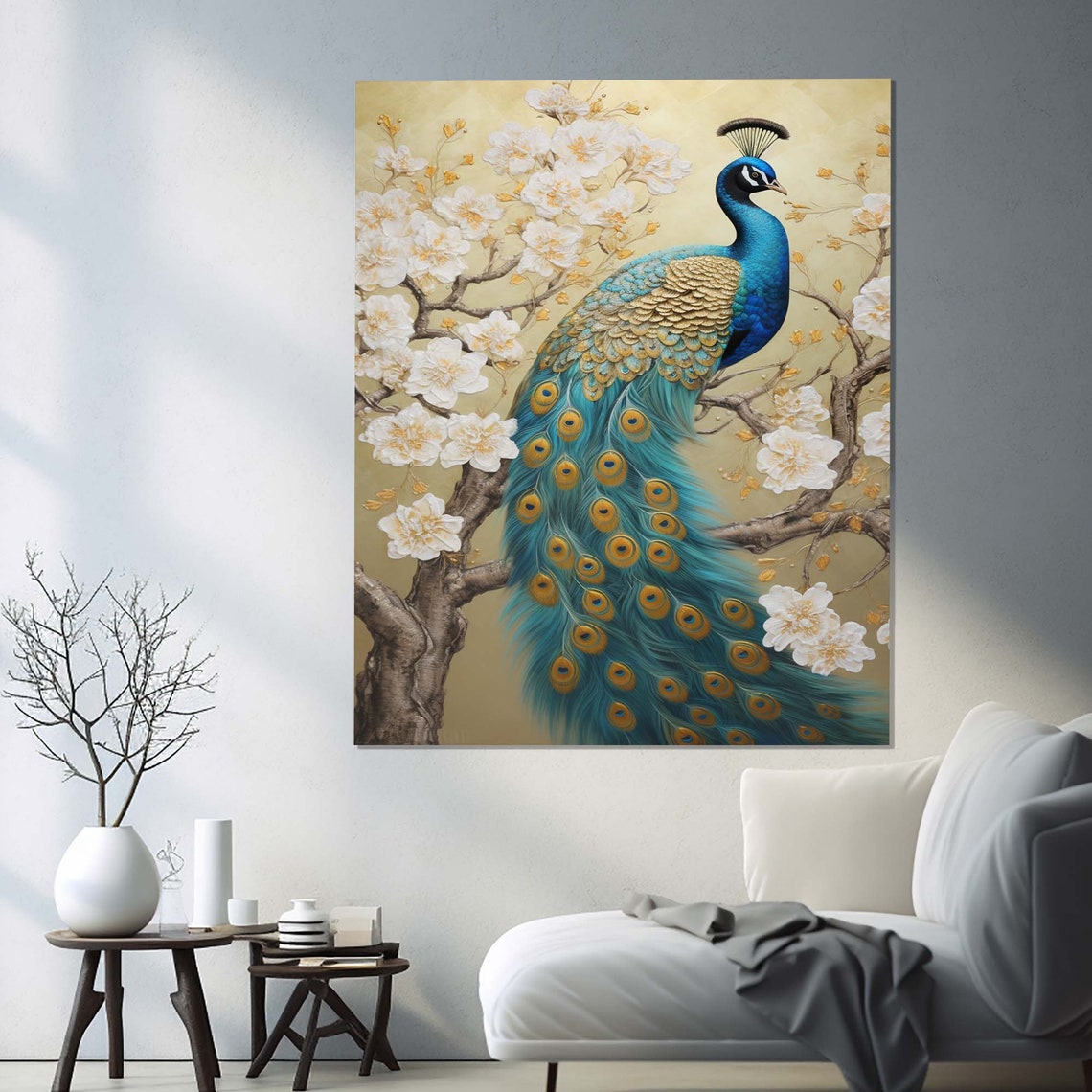 Peacock on Cherry Blossom Branch Gold Blue Elegant Wall Poster - Image 3