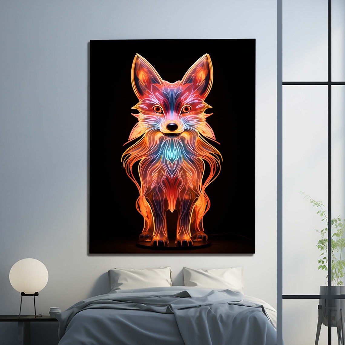 Neon Glowing Fox Black Background Fiery Orange Line Art Wall Art