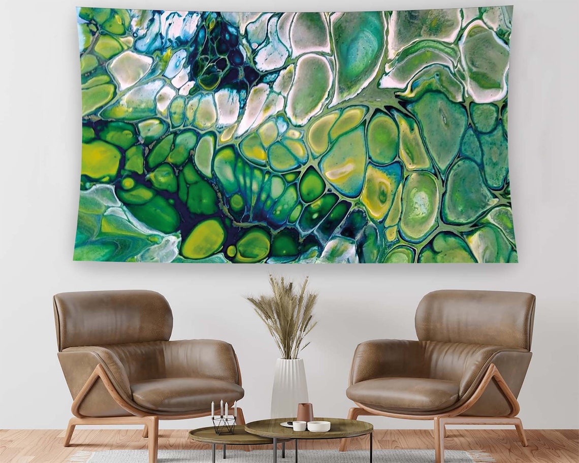 Green Blue Abstract Acrylic Pour Cells Organic Fluid Modern Wall Art