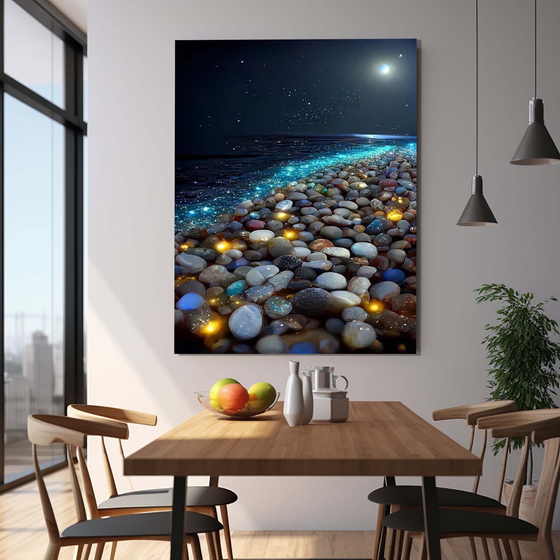 Pebble Beach at Night Glowing Colorful Stones Blue Ocean View Poster - Image 2