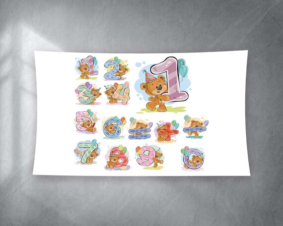 Teddy Bear Numbers Math Symbols Pastel Cute Kids Room Tapestry Poster