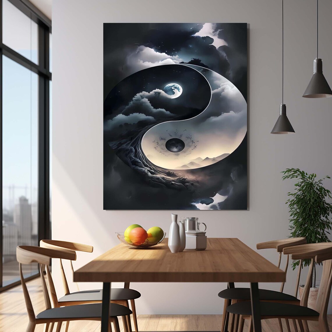 Yin Yang Symbol Of Storm Clouds And Moon Night Sky Balance Wall Art - Image 3