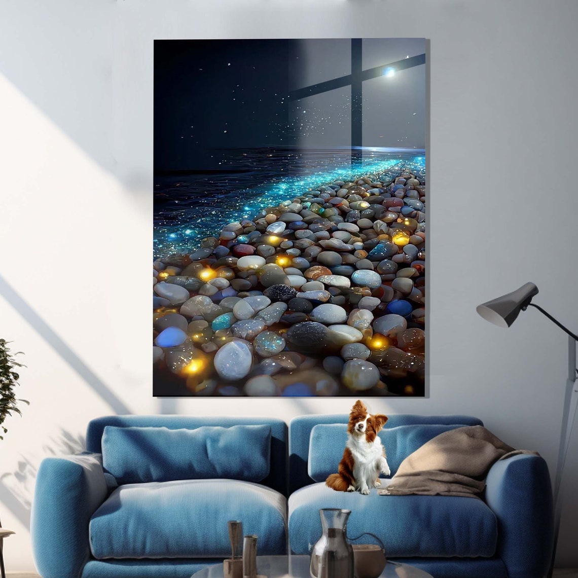 Pebble Beach at Night Glowing Colorful Stones Blue Ocean View Poster