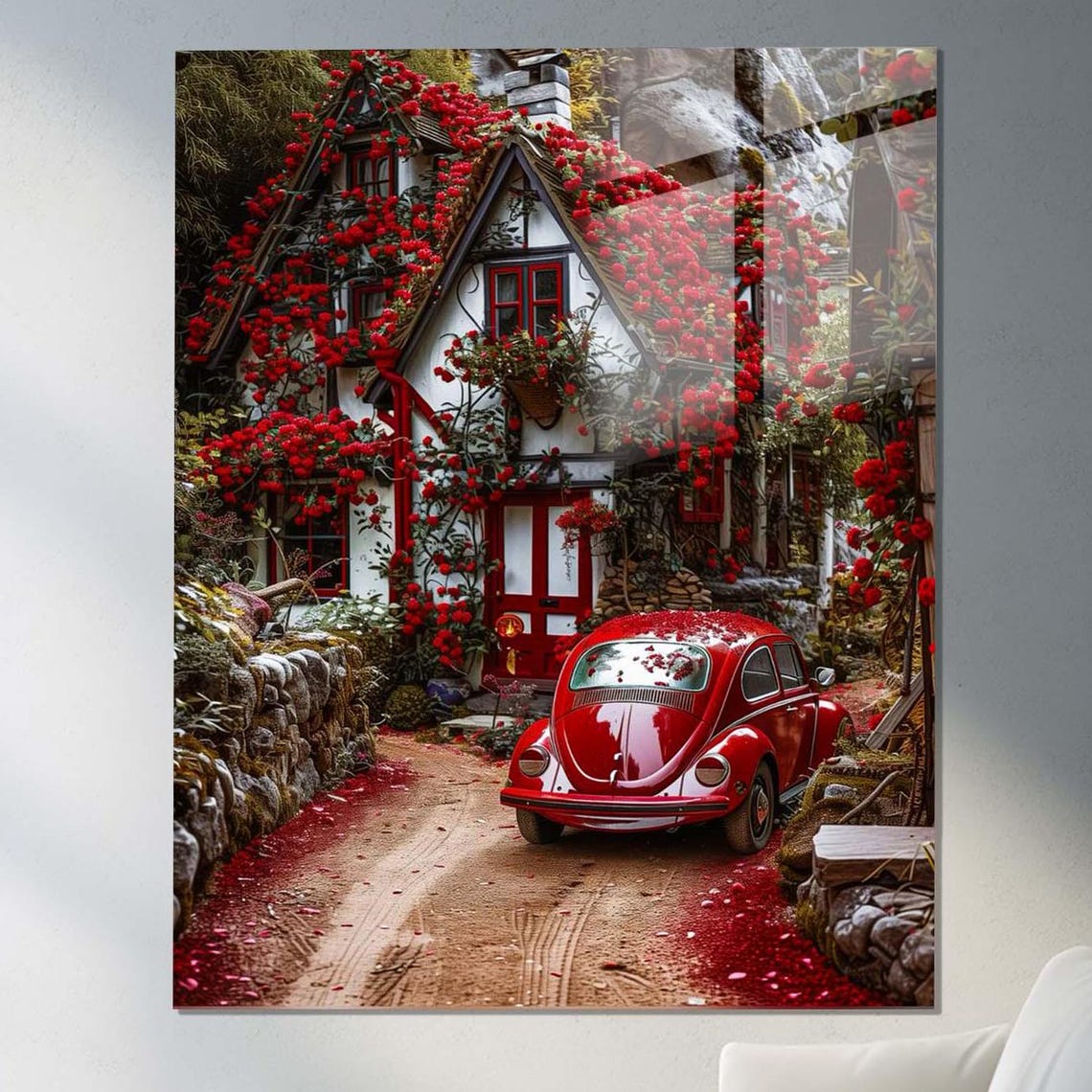 Red Vintage Volkswagen Beetle By Flower Covered Cottage Cozy Wall Art