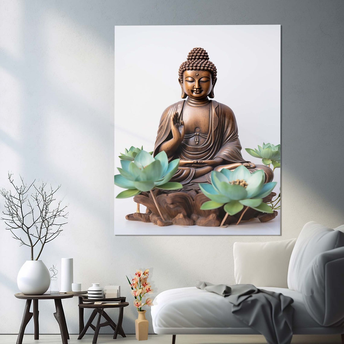 Bronze Buddha Statue Meditation with Teal Lotus Flowers Wall Art - Image 2