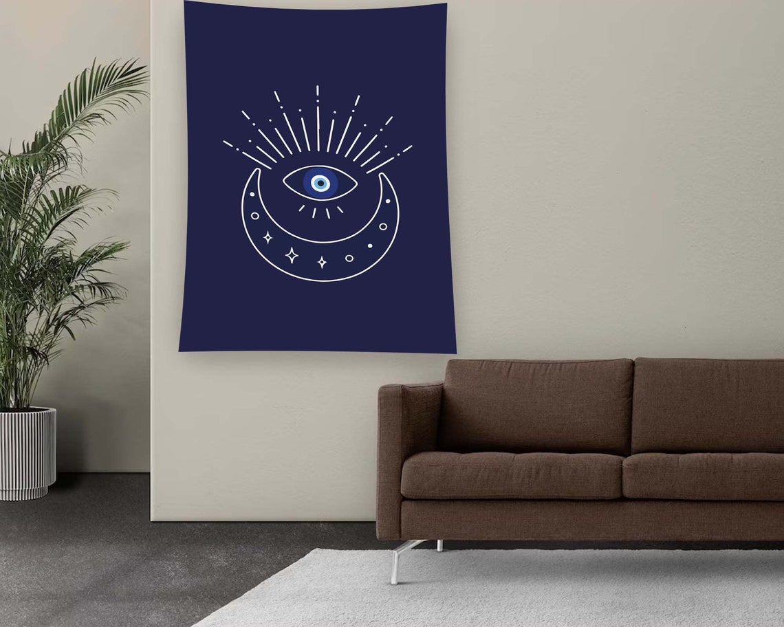 Navy Evil Eye Crescent Moon Stars White Line Art Tapestry Wall Art - Image 2