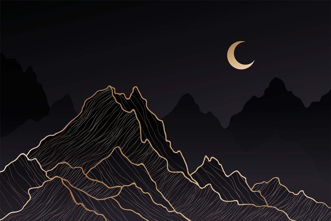 Black Gold Mountain Line Art Crescent Moon Night Sky Tapestry Poster - Image 2