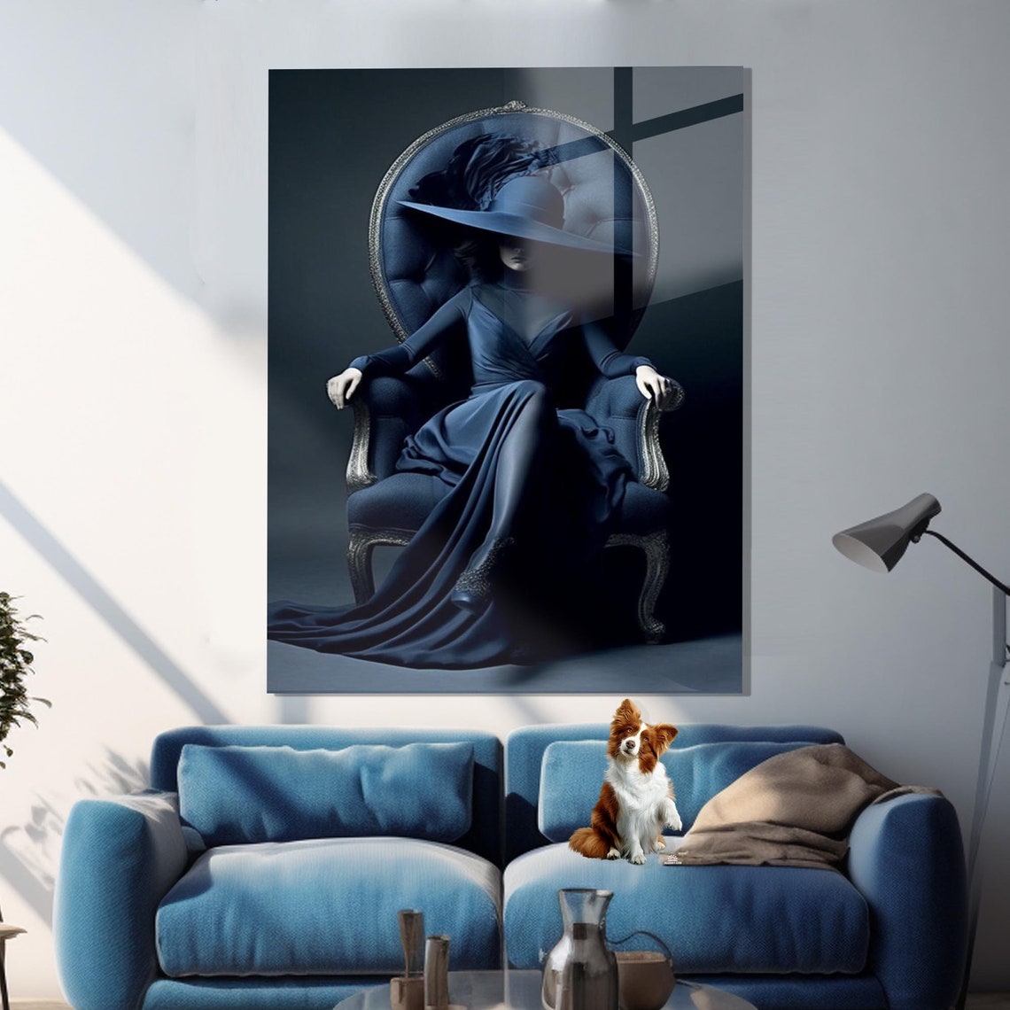 Elegant Woman in Blue Gown Wide Hat Moody Portrait Wall Poster - Image 3