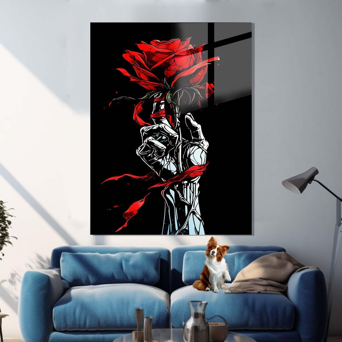 Red Rose Held By Metallic Robotic Hand On Black Gothic Wall Art - Image 3