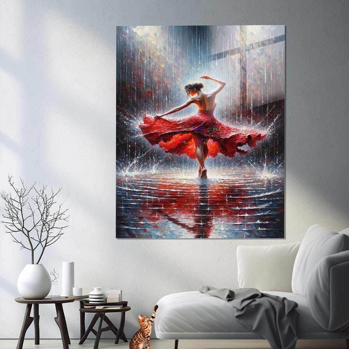 Ballerina In Red Dress Dancing In Rain Impressionist Painting Wall Art - Image 3
