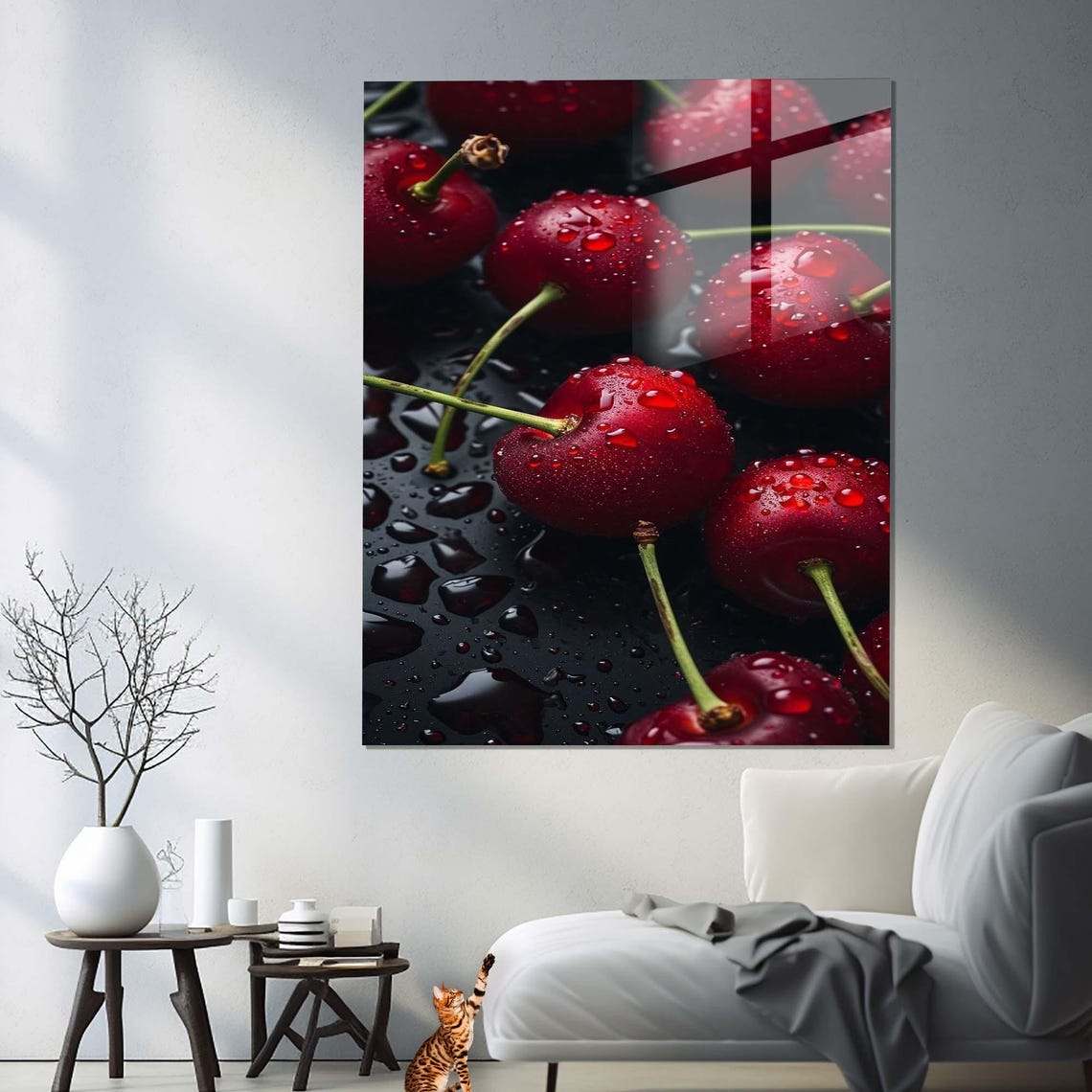Fresh Red Cherries Water Drops Dark Food Photography Kitchen Wall Art - Image 3
