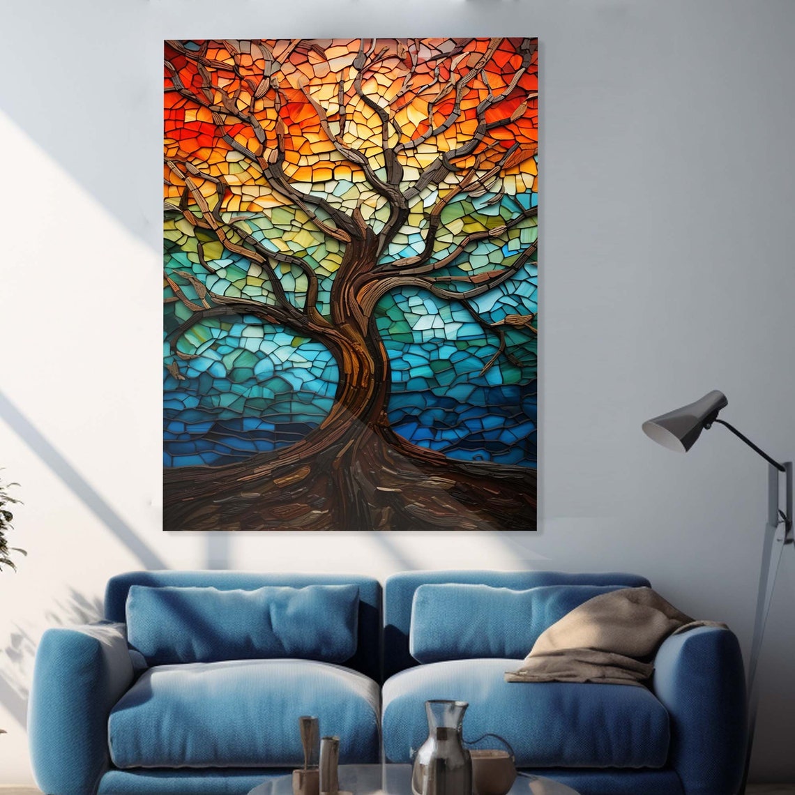 Mosaic Tree of Life Orange Teal Stained Glass Tile Art Poster - Image 3