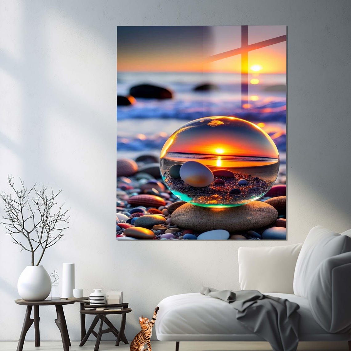 Crystal Ball Holding Ocean Sunset On Beach Pebbles Seaside Wall Art - Image 3