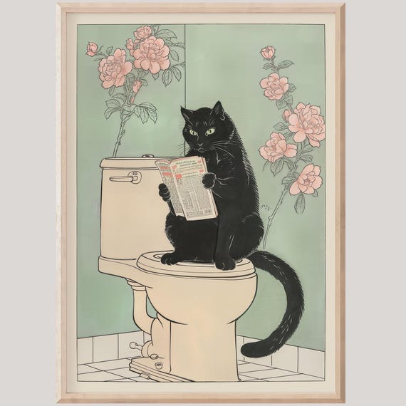Black Cat On A Toilet Print Bathroom Wall Art Restroom Decor Japanese Funny Housewarming Gift Neutral Japandi