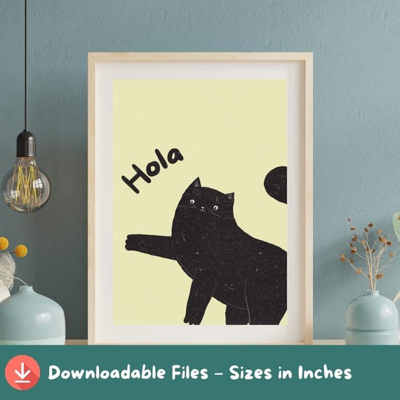 Hola Cat Wall Art Cute Boho Black Kitty Illustration Lovers Print Minimalist Funny Poster Instant