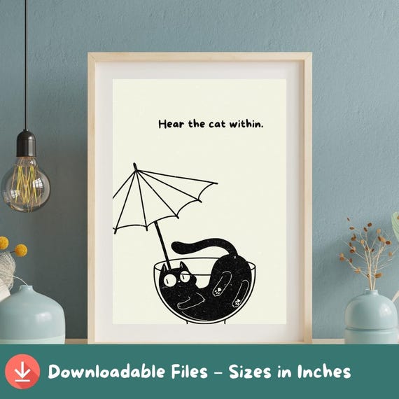 Whimsical Cat Cocktail Art Print Funny Black Minimalist Decor A2a5 Sizes