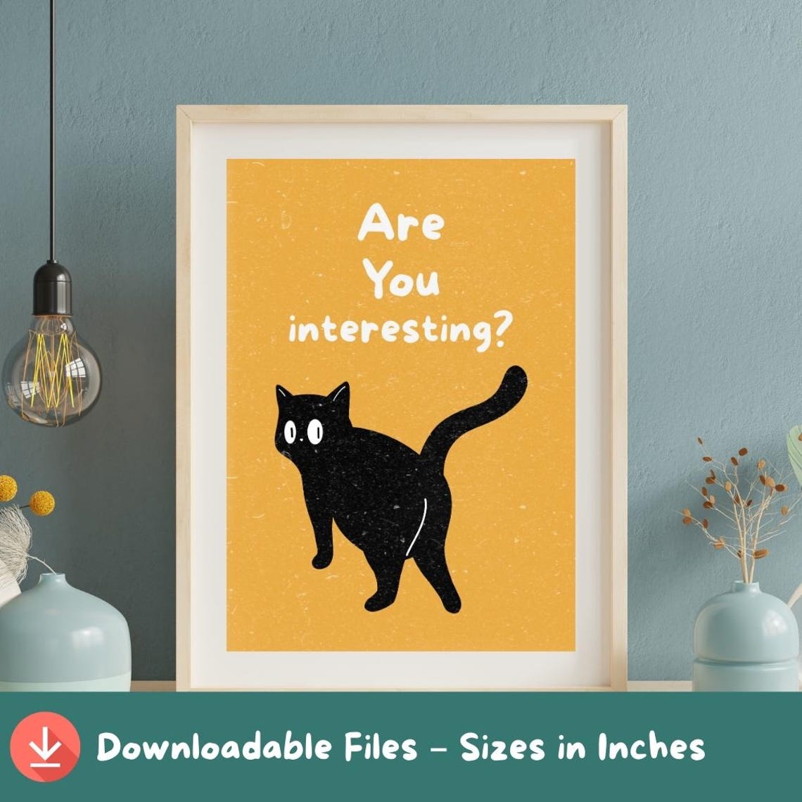 Funny Black Cat Asking Are You Interesting Mustard Yellow Quote Poster
