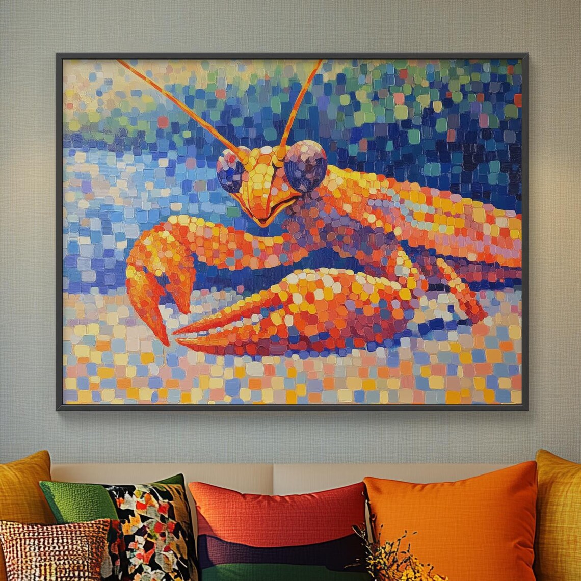 Orange Mantis Shrimp Pointillism Mosaic Ocean Life Art Poster