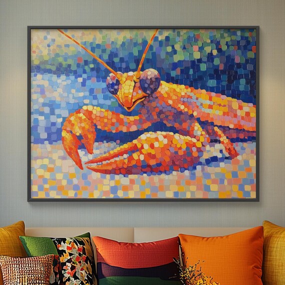 Abstract Mantis Shrimp Painting Pointillism Canvas Oil Large Framed Wall Decor Ready To Hang Colorful Expressive Giclee Fine Art
