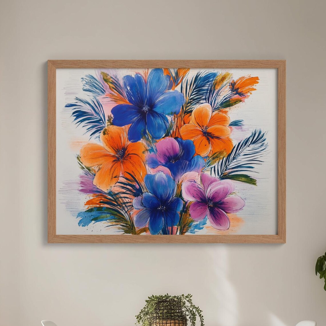 Tropical Hibiscus Blue Orange Purple Watercolor Floral Wall Art