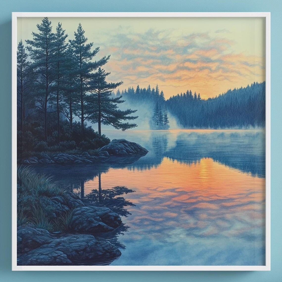 Misty Lake At Dawn Pastel Sunrise Reflection Pine Forest Wall Art